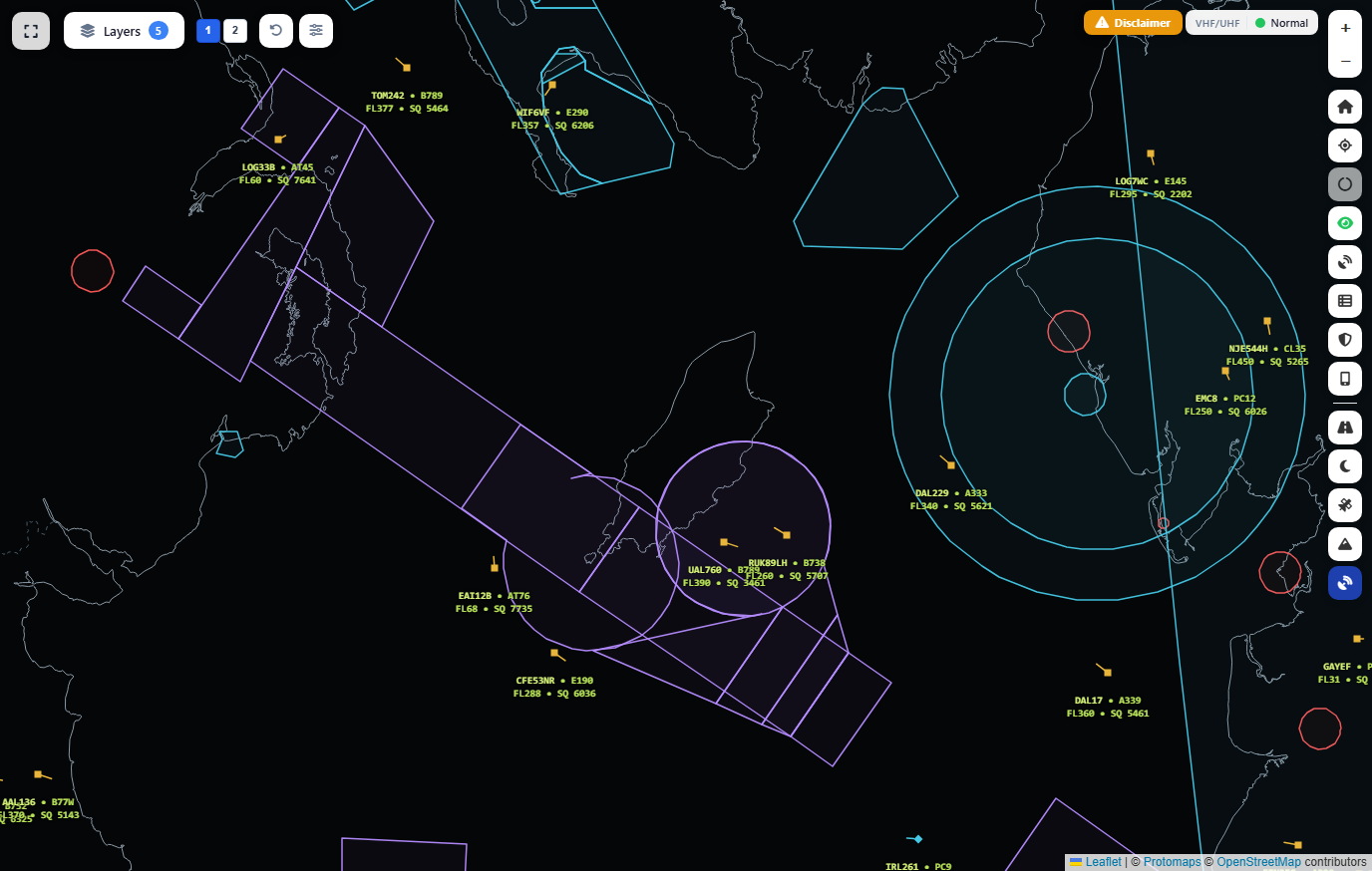 The Radar map style over the Isle of Man with radar targets, data blocks and airspace outlines